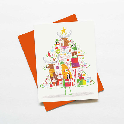 Christmas tree whimsical critter holiday card
