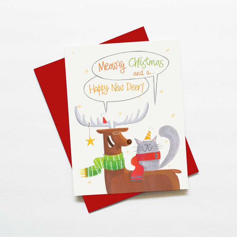 Punny cat and reindeer Christmas card