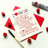 I love you coz -love card with funny list of reasons