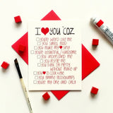 I love you coz -Anniversary/ love card with funny list of reasons